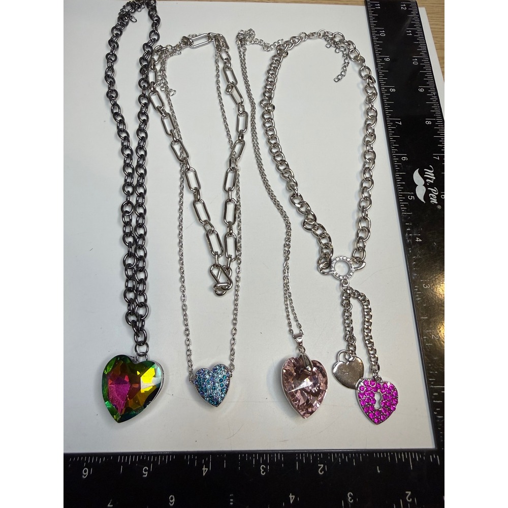 Mixed Heart Necklace Lot Rainbow Blue Pavé Pink Crystal Lariat 4 Pieces